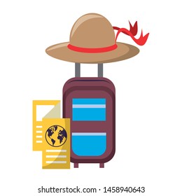 cabin bag with brown hat with map and travel itinerary isolated symbols Vector design illustration