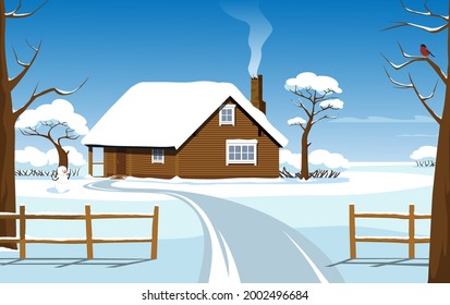 Cabin in a clearing in the woods, surrounded by trees and bushes in winter. Snow-covered woodsman hut. Country house in the countryside covered in snow. Stock vector illustration