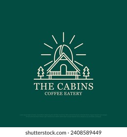 Diseño del logo del café de la cabina, la comida al aire libre natural y las bebidas ilustraciones vectoriales con estilo de arte de línea