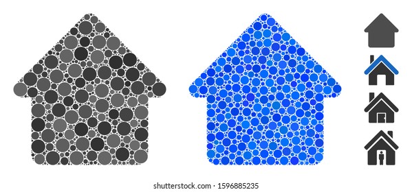 Cabin composition of round dots in different sizes and color tinges, based on cabin icon. Vector dots are grouped into blue composition. Dotted cabin icon in usual and blue versions.