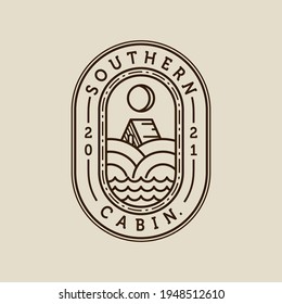 Cabin or Cottage Modern Line Art Illustration Design. Outdoor Cabin Badge Logo Vector. Cabin, Cottage, Hill, River, Summer and Sun Logo Concept Inspiration