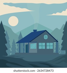 cabin or cottage at nature forest landscaped vector illustration graphic design . minimalist guest house at night view with trees and mountain idea concept for business travel
