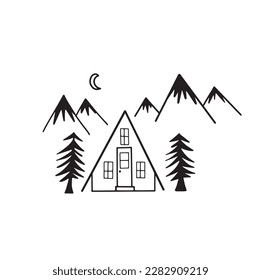 Cabin cottage vector illustration outlined doodle hand drawn simple line sketch outdoors mountains trees resort shelter wood travel nature adventure night design logo trip icon background vectorial