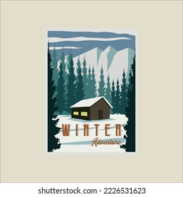 cabin or cottage at winter landscape poster vector illustration template design. snow at nature forest banner for travel or business tourism