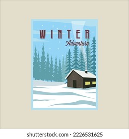 cabin or cottage at winter landscape poster vector illustration template design. snow at nature forest banner for travel or business tourism