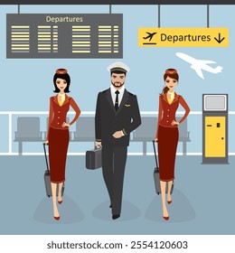 Cabin crew walks on an airport with luggage, pilot and stewardess, departure board, cartoon vector illustration