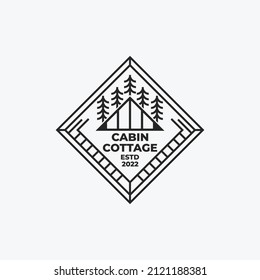Cabin forest badge logo outline vector illustration design, cabin cottage line art logo badge