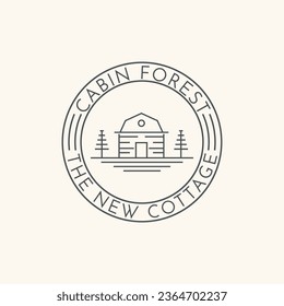 Diseño minimalista del logotipo de la cabaña forestal con etiqueta retro vintage del pinar