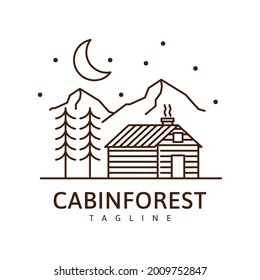 Cabin in the forest illustration monoline or line art style, cabin, tree, mountain, moon, forest vector design
