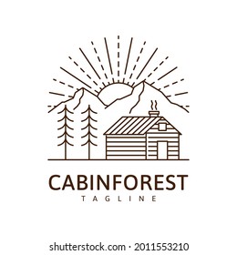 Cabin in the forest illustration monoline or line art style, cabin, tree, mountain, sun, forest vector design