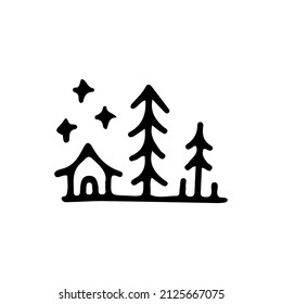 Cabin and forest, illustration for t-shirt, sticker, or apparel merchandise. With doodle, retro, and cartoon style.