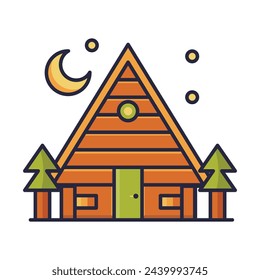 Cabin forest in the middle of night icon. Adventure holiday vector illustration