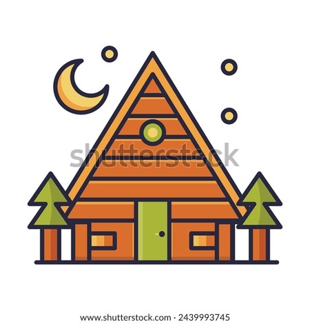 Cabin forest in the middle of night icon. Adventure holiday vector illustration