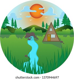 cabin in the forest with sun ,river and mountain