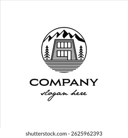 Cabin with gambrel style in simple round logo design