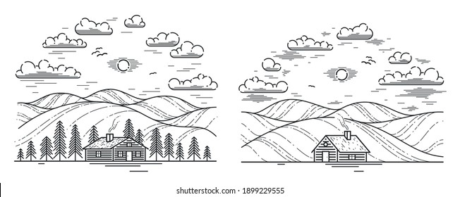 Cabin in grasslands and meadows linear vector nature illustration isolated on white, pine forest log cabin cottage for rest, holidays and vacations theme line art drawing