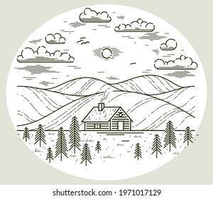 Cabin in grasslands and meadows linear vector nature illustration isolated on white, pine forest log cabin cottage for rest, holidays and vacations theme line art drawing, beauty in nature.