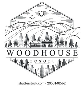 Cabin in grasslands and meadows linear vector nature emblem isolated on white, pine forest log cabin cottage for rest, holidays and vacations theme line art logo, beauty in nature, woodhouse resort.