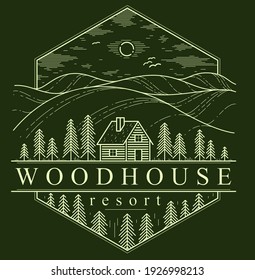 Cabin in grasslands and meadows with pine trees linear vector nature emblem on dark, log cabin cottage for rest, holidays and vacations theme line art drawing, woodhouse resort logo.