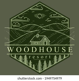 Cabin in grasslands and meadows with pine trees linear vector nature emblem on dark, log cabin cottage for rest, holidays and vacations theme line art drawing, woodhouse resort logo.