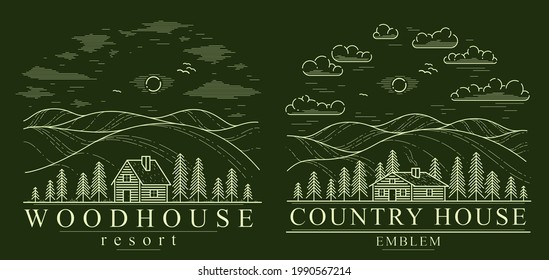 Cabin in grasslands and meadows with pine trees linear vector nature illustration on dark, log cabin cottage for rest, holidays and vacations theme line art drawing, woodhouse resort.