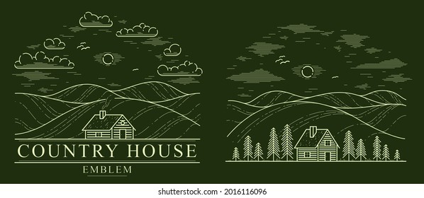 Cabin in grasslands and meadows with pine trees linear vector nature illustration on dark, log cabin cottage for rest, holidays and vacations theme line art drawing, woodhouse resort.