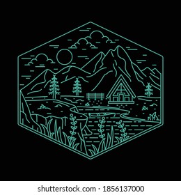 Cabin home, camping in nature concept. Wild adventure line badge patch pin graphic illustration vector art t-shirt design