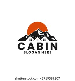 Cabin house combination with mountain logo design vector template