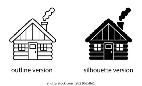 Cabin house icon set with outline and silhouette style showing a small wooden home with smoke from chimney