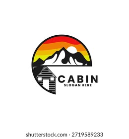 Cabin house with mountain and sunset elegant logo design vector template