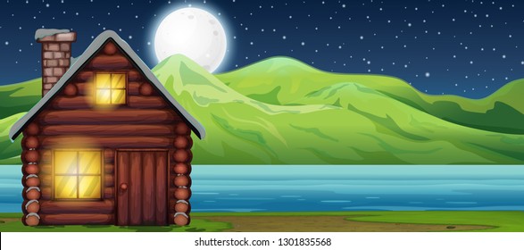 Cabin house at night scen illustration