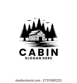 Cabin house with pine forest logo design vector template