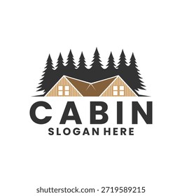 Cabin house with pine tree illustration logo design vector template
