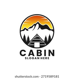 Casa de cabaña con árbol de pino, Plantilla de Vector de diseño de logotipo de montaña en círculo. Diseño del logotipo de la etiqueta engomada de la cabina