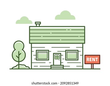 Cabin house for rent vector illustration, real estate rental housing shortage, residence scarce living space, isolated on white background.