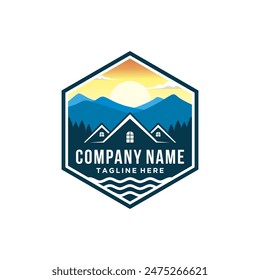 Cabin house rental with forest mountain logo design template, home cabin logo construction. house mountain logo template Vector illustration