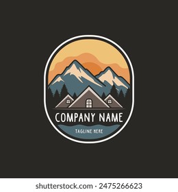 Cabin house rental with forest mountain logo design template, home cabin logo construction. house mountain logo template Vector illustration