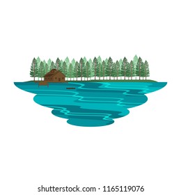 Cabin Hut Cottage on Lake and Camping on Mountain Summer and Spring Landscape Vector