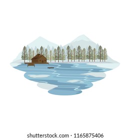Cabin Hut Cottage On Lake And Camping Snow Mountain View Winter Landscape Vector