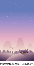 Cabin, hut on the hills in the night with stars Comet and birds.Vector illustration.