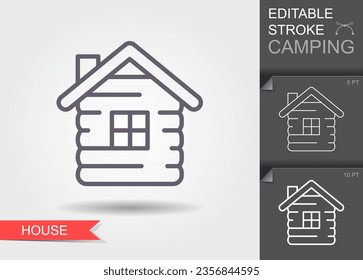Cabin icon. Outline house icon with editable stroke. Linear symbol of camping with shadow. Vector Illustration