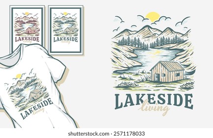 cabin illustration lake graphic fishing design mountains badge landscape vintage outdoor logo nature