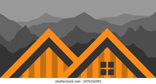 Cabin illustration or Logo with Background of Woods and Mountains at Night View Vector