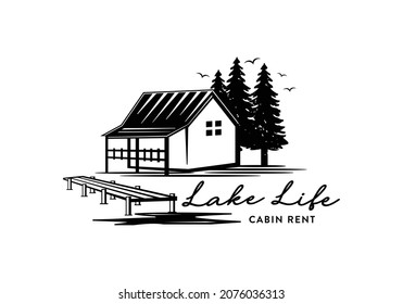 Cabin with lake view logo illustration. Resort, villa, house rent logo design template inspiration