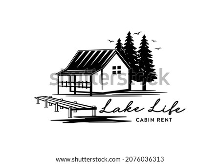 Cabin with lake view logo illustration. Resort, villa, house rent logo design template inspiration