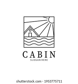 Cabin line art logo badge vector illustration design