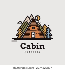 Cabin logo design template. Vector illustration of a log cabin in the mountains. Travel Outdoor Logo