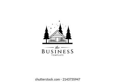 logo de la cabaña en el bosque con pinos que crecen alrededor y decorados con estrellas brillantes
