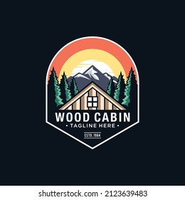 Cabin Logo Template with mountain and forest view