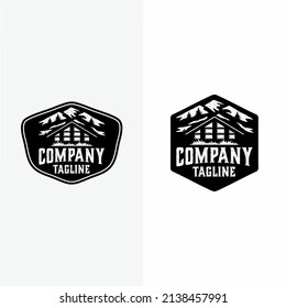 Cabin Logo Template with mountain and forest view